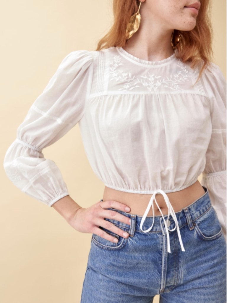Reformation Warbler Top White Embroidered Organic Cotton Blouse Size S
